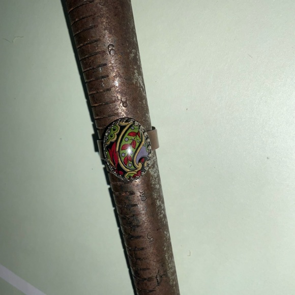Vtg Antique Copper Multicolor Paisley Cabochon Ring in Beveled Setting Sz 7 - Picture 6 of 16
